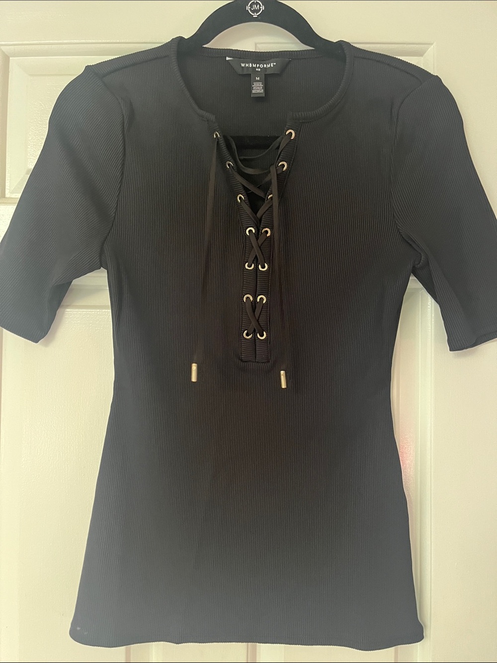 White House Black Market Black Forme Lace-Up Ribbed Short Sleeve Top